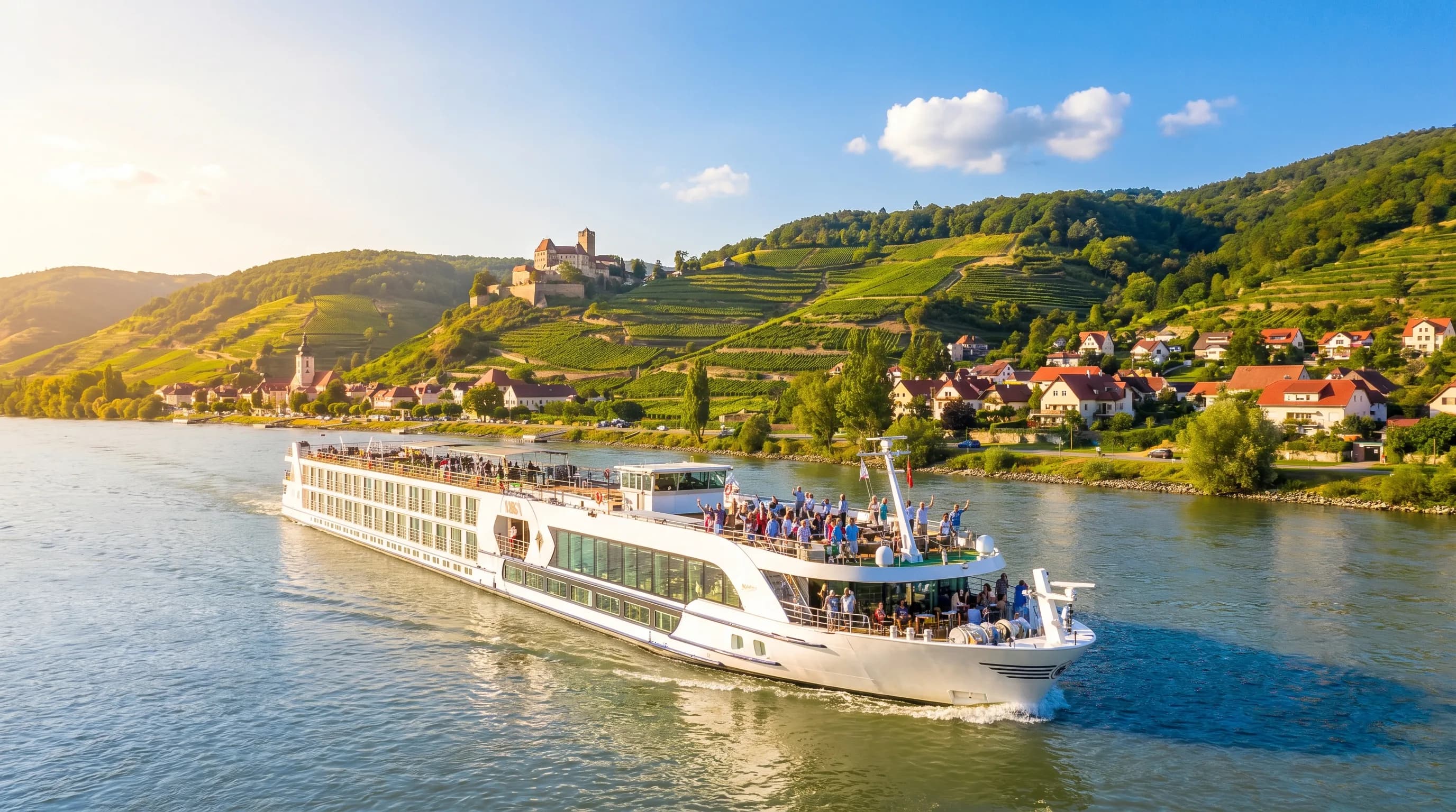 Kreuzfahrtschiff auf einem europäischen Fluss bei Sonnenschein