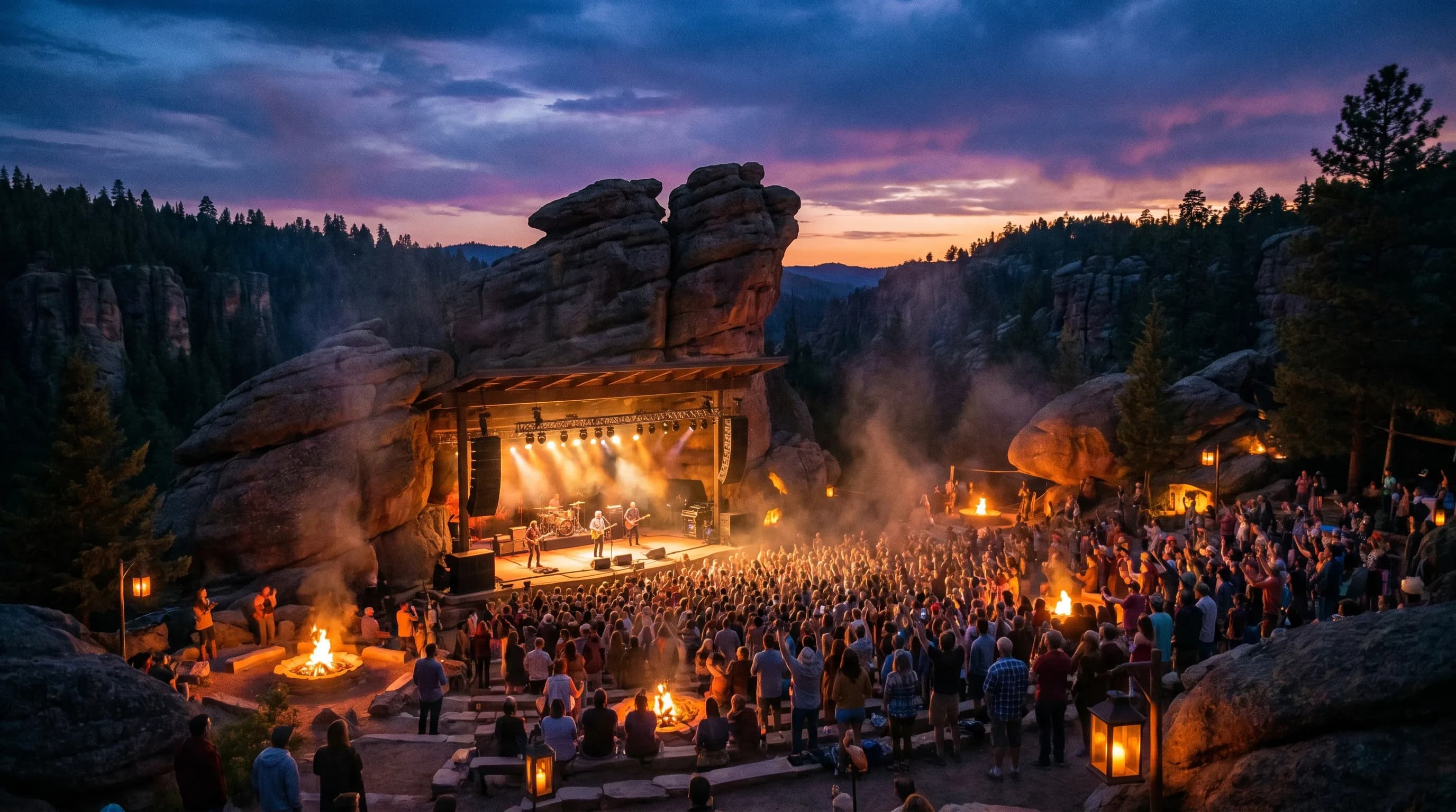 Freilichtbühne in Felsformationen — Luisenburg-Festspiele bei Dämmerung